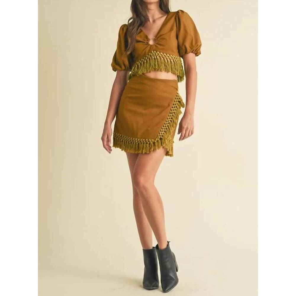 NEW LUXXEL lili fringe crop top & mini skirt in brown